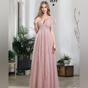 Nwt ever pretty Double V Neck Long Lace Evening Dress with Ruffle Sleeves Sz 12
